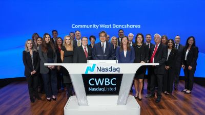 CWB Team posing behind Nasdaq MarketSite podium 